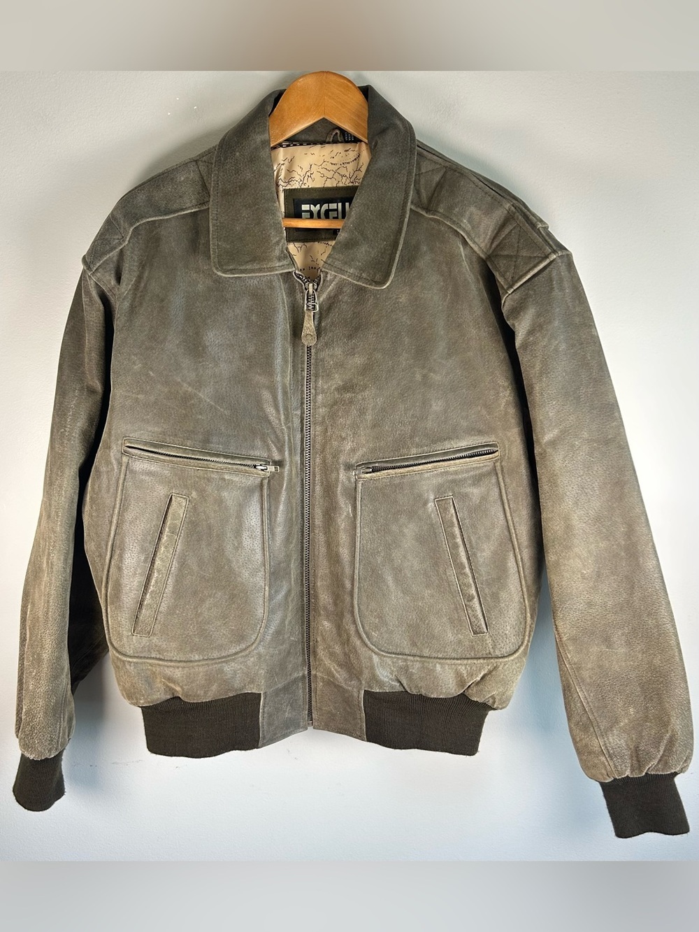 Vintage Excelled Mens Leather Bomber Jacket L Distressed Military Army Pilot Map